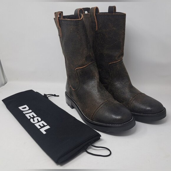 Diesel Men's Throuper Boots Biker Cowhide Leather Distressed Brown 10.5 US 44 EU - Picture 1 of 15